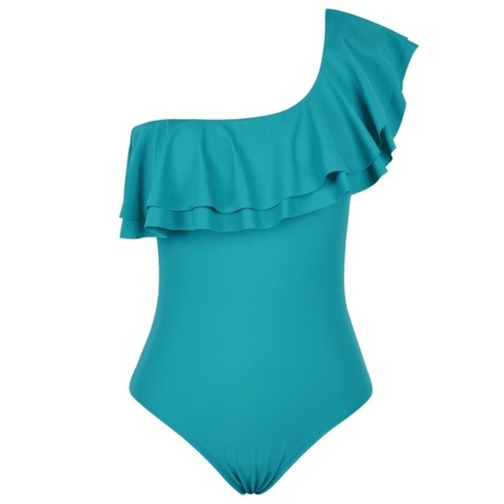 Hilor Women One Piece Swimsuits Double Ruffles 1Shoulder Monokini Bathing Suits - Picture 4 of 10